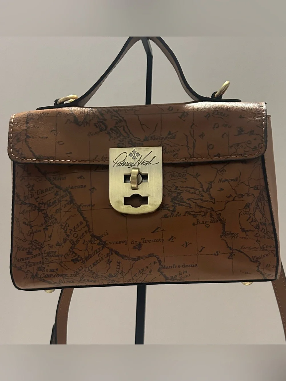 Patricia Nash Brown Map-Print Leather Satchel with Gold-Tone Lock